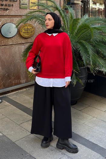 Lamelif Sweat Gömlek Garnili Tunik Kırmızı