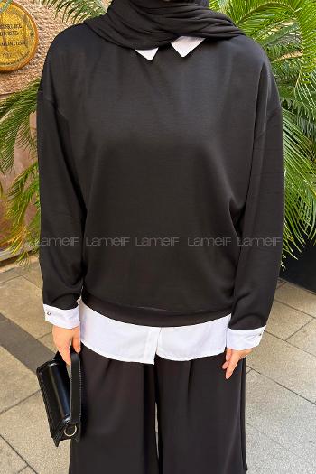 Lamelif Sweat Gömlek Garnili Tunik Siyah