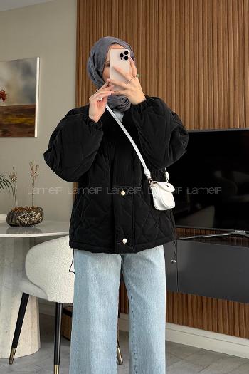 Lamelif Derin V Yaka Tasarım Şişme Mont Siyah