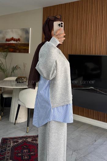 Lamelif Gömlek Detaylı Sweat İkili Takım Gri