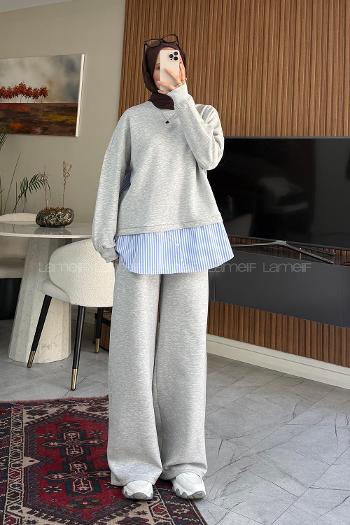 Lamelif Gömlek Detaylı Sweat İkili Takım Gri