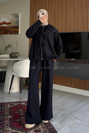 Navy Blue Crew Neck Long Arm With Zipper Regular Trousers Pleated Suit