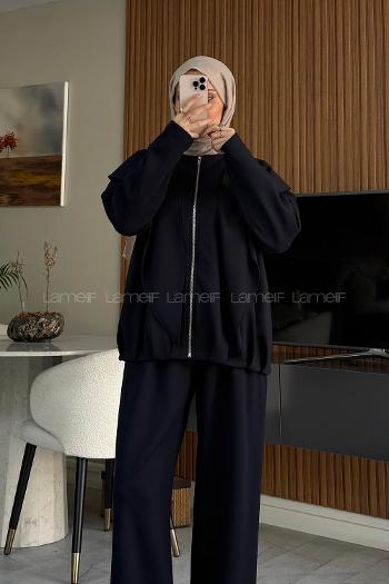 Navy Blue Crew Neck Long Arm With Zipper Regular Trousers Pleated Suit