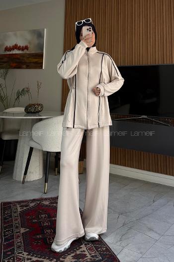 Beige Neckband Long Arm Modal Regular Trousers Comfortable Suit