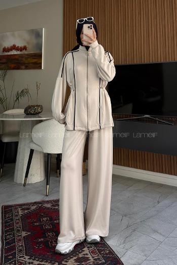 Beige Neckband Long Arm Modal Regular Trousers Comfortable Suit