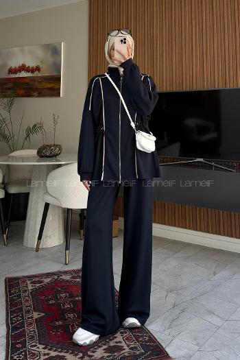 Navy Blue Neckband Long Arm Modal Regular Trousers Comfortable Suit