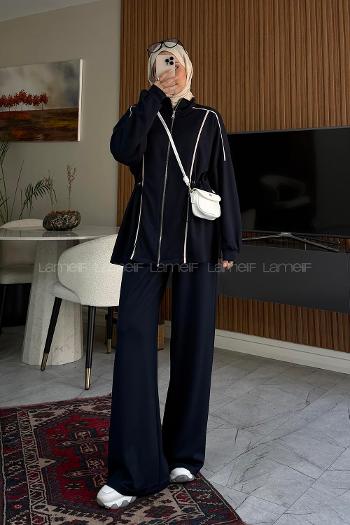 Navy Blue Neckband Long Arm Modal Regular Trousers Comfortable Suit