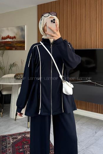 Navy Blue Neckband Long Arm Modal Regular Trousers Comfortable Suit