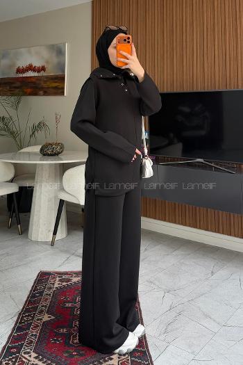 Lamelif Arkası Çıt Çıt Kapama Yaka Detaylı İkili Takım Siyah