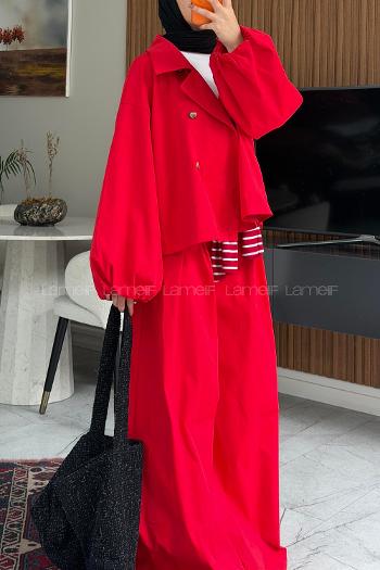 Lamelif Balon Kol Gizli Düğme Kapamalı İkili Takım Kırmızı