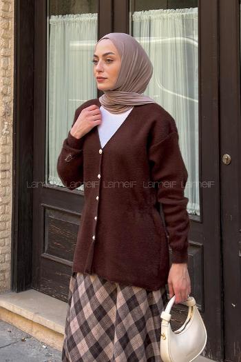 Lamelif Beli Lastikli Gold Düğmeli Hırka Acı Kahve