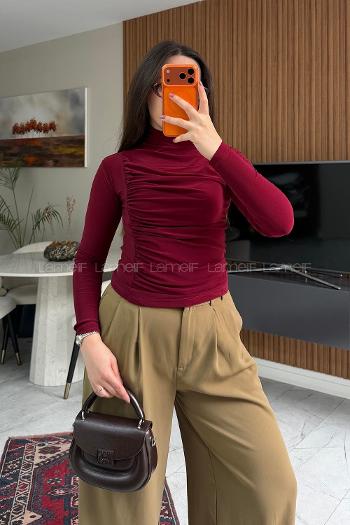 Lamelif Büzgü Detaylı Bluz Bordo