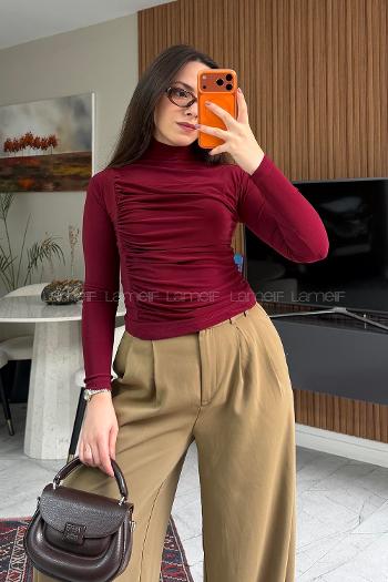 Lamelif Büzgü Detaylı Bluz Bordo