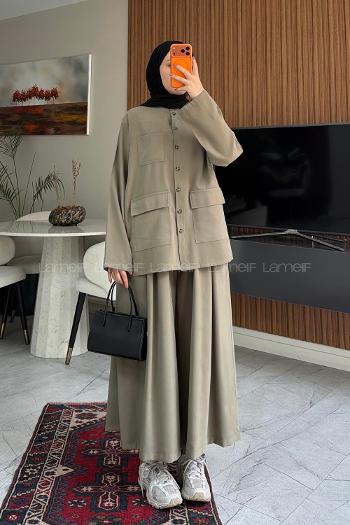 Lamelif Cep Detaylı Düğme Kapamalı Ceket İkili Takım Haki