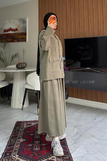 Lamelif Cep Detaylı Düğme Kapamalı Ceket İkili Takım Haki