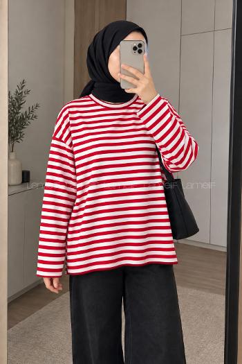 Lamelif Çizgili Oysho Sweat Kırmızı