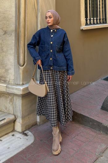 Lamelif Düğmeli Çift Cepli Denim Ceket Mavi
