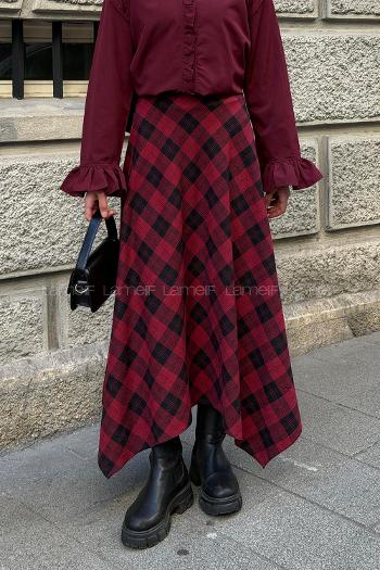 Lamelif Ekose Desen Etek Bordo