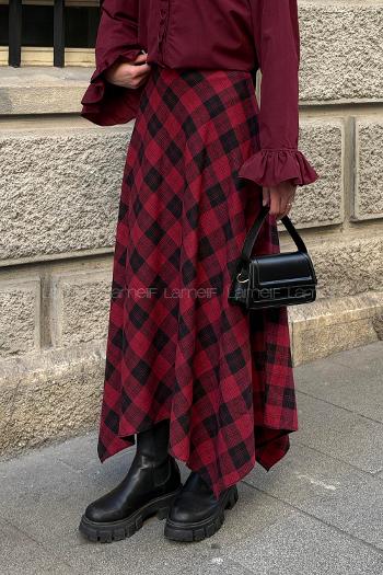 Lamelif Ekose Desen Etek Bordo