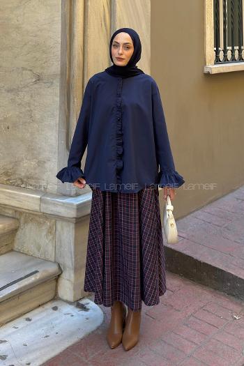 Navy Blue Mandarin Collar Long Arm Poplin Fabric Unprinted Shirt
