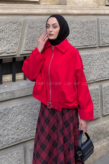 Red Shirt Collar Long Arm Lycra Polyester Jacket
