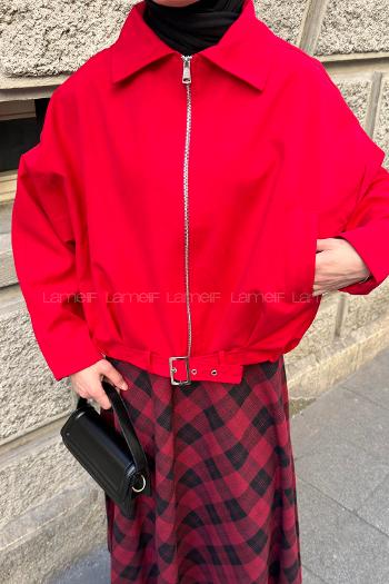 Red Shirt Collar Long Arm Lycra Polyester Jacket