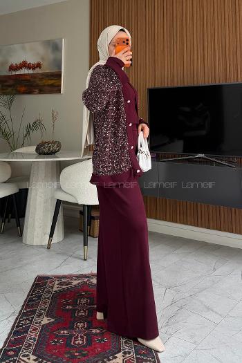 Lamelif Önü Düğmeli Pullu 3lü Hırkalı Takım Bordo