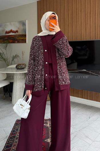 Lamelif Önü Düğmeli Pullu 3lü Hırkalı Takım Bordo