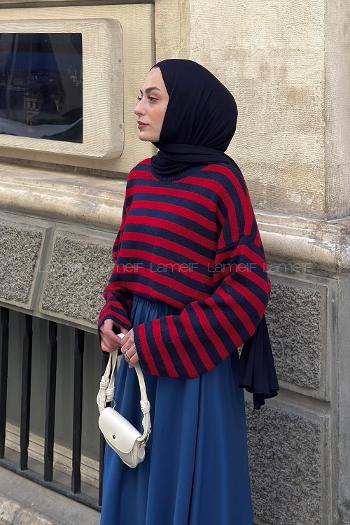 Lamelif Oversize Çizgili Triko Kazak Lacivert