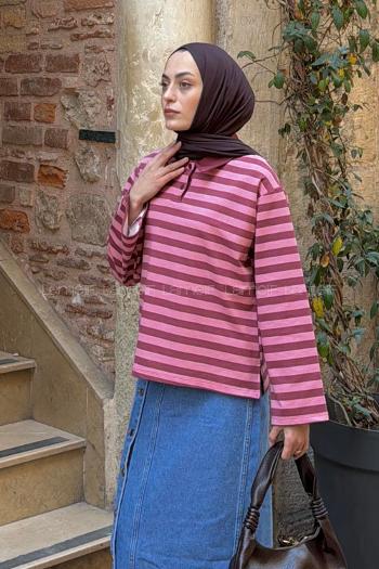 Lamelif Polo Yaka Düğmeli Çizgili Sweat Vişne Pembe