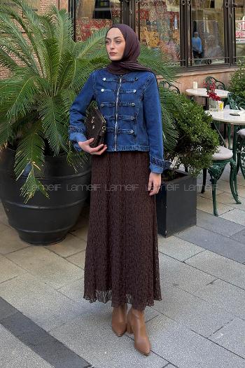Lamelif Süs Düğme Tasarımlı Kot Ceket Koyu Mavi