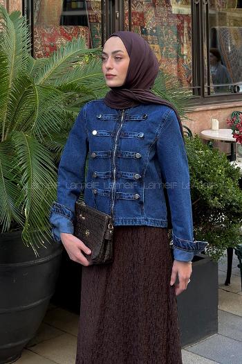 Lamelif Süs Düğme Tasarımlı Kot Ceket Koyu Mavi