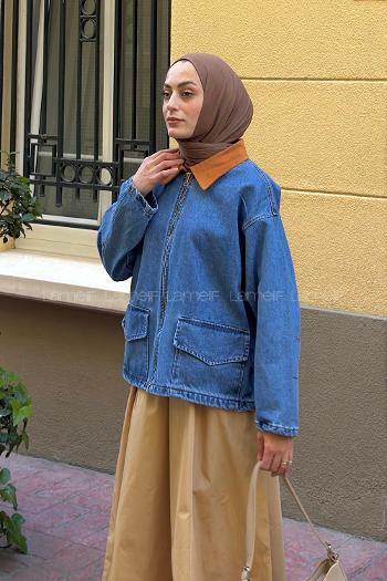 Lamelif Yaka Garnili Kot Ceket Mavi