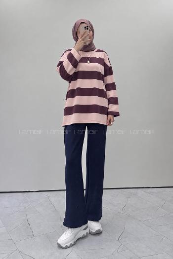 Lamelif Bisiklet Yaka Oysho Kumaş Tunik Bordo Pembe