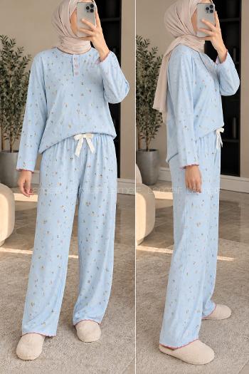 Lamelif Çiçek Desenli Düğmeli Fitilli Pijama Takımı
