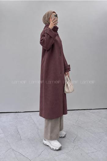 Lamelif Dik Yaka Oversize Kaşe Kaban Mürdüm