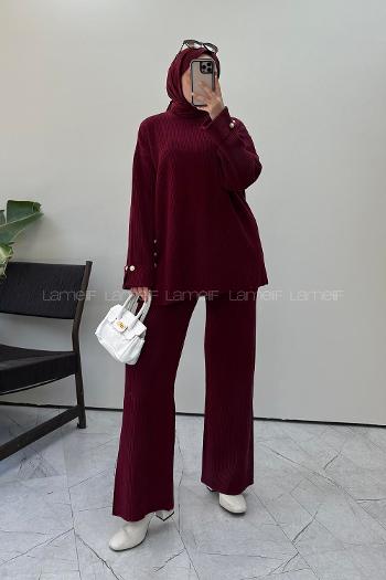 Lamelif Düğme Detaylı Fitilli Triko Takım Bordo