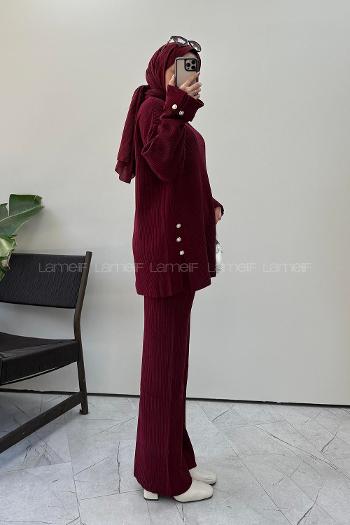 Lamelif Düğme Detaylı Fitilli Triko Takım Bordo