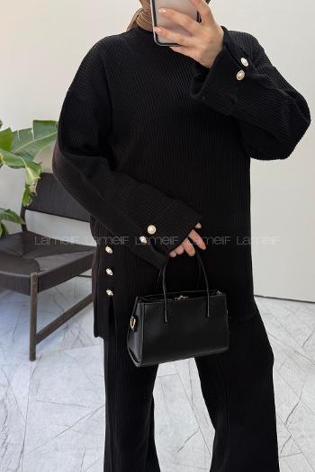 Lamelif Düğme Detaylı Fitilli Triko Takım Siyah