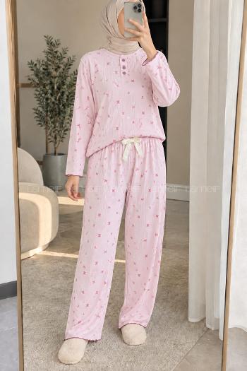 Lamelif Fiyonk Desenli Düğmeli Fitilli Pijama Takımı