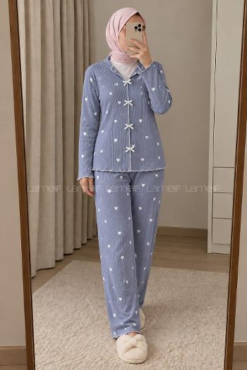 Lamelif Fiyonk Detaylı Kalp Desenli Kaşkorse Pijama Takımı