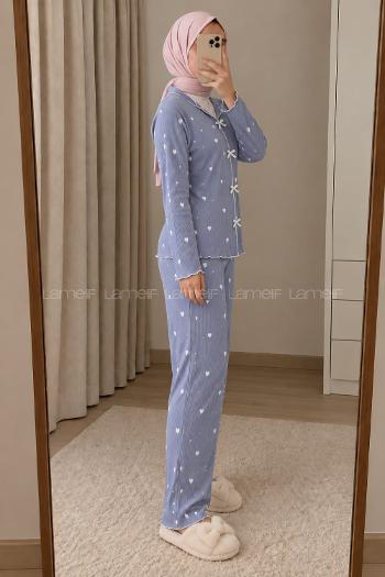 Lamelif Fiyonk Detaylı Kalp Desenli Kaşkorse Pijama Takımı