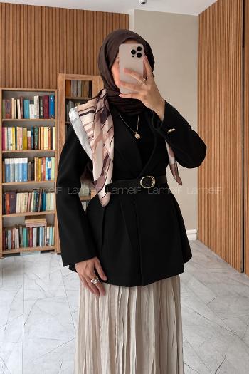 Lamelif Fular Detaylı Pileli Blazer Ceket Siyah