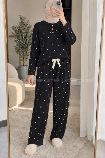 Lamelif Kalp Desenli Düğmeli Fitilli Pijama Takımı