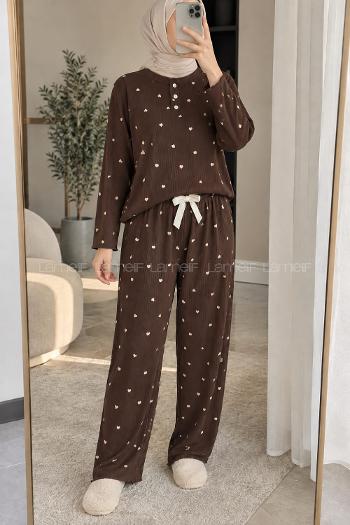 Lamelif Kalp Desenli Düğmeli Fitilli Pijama Takımı