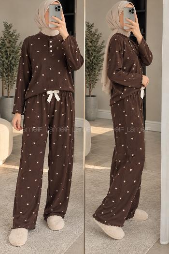 Lamelif Kalp Desenli Düğmeli Fitilli Pijama Takımı