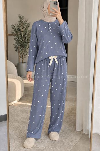 Lamelif Kalp Desenli Düğmeli Fitilli Pijama Takımı