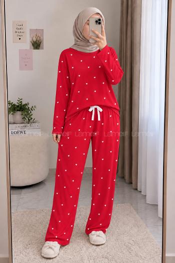 Lamelif Kırmızı Kalp Detaylı Pijama Takımı