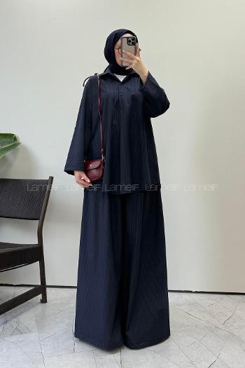 Lamelif Kol Katlamalı Çizgili Viskon Takım Lacivert