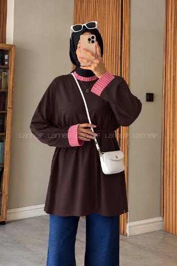 Lamelif Kolları Çizgi Manşet Katlamalı Tunik Kahverengi